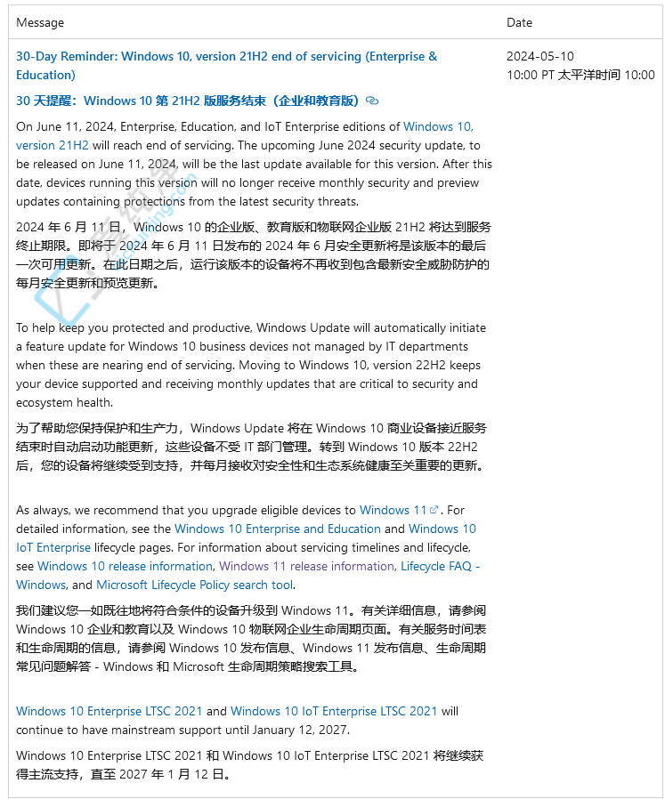 ����ʱ��ʼ��Win10 21H2 ��ҵ��� 6 �� 11 ��ֹ֧ͣ��